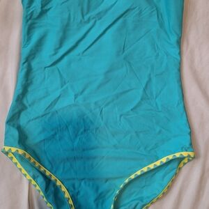 Turquoise One-Piece Swimsuit with Yellow Trim